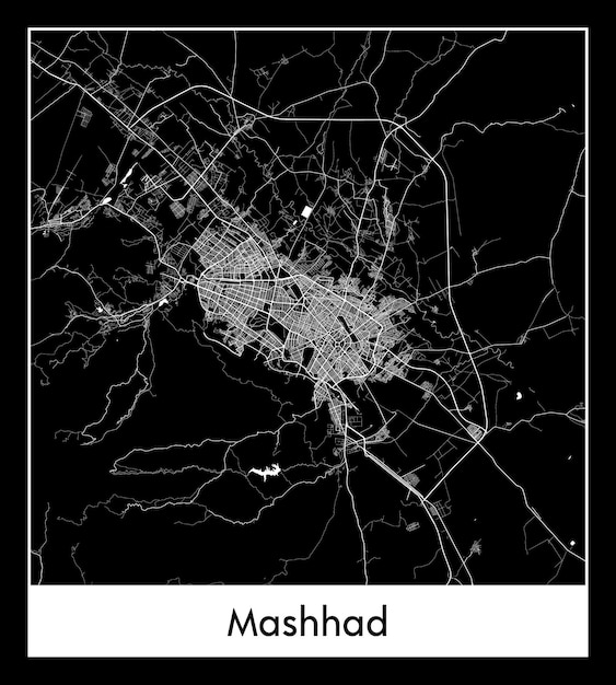 マシュハドの最小限の都市地図（イラン、アジア）