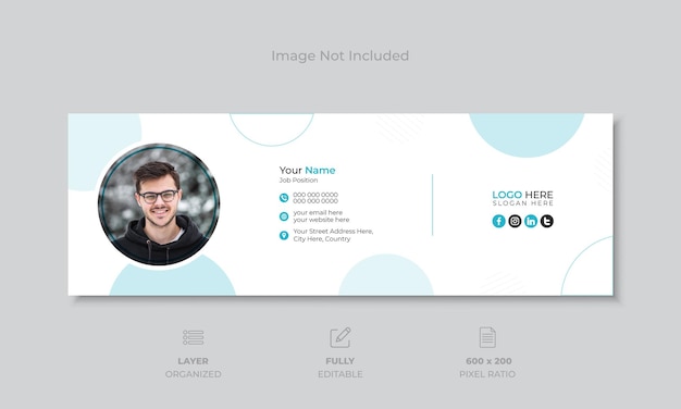 Минимально чистый шаблон дизайна подписи электронной почты или подноска электронной почты с синими акцентами