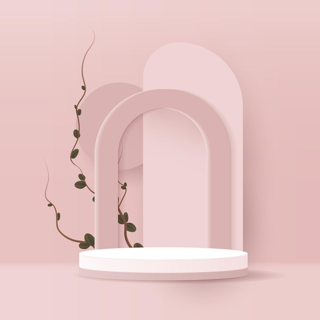 Vector minimal cosmetic pink background and premium podium display for product presentation branding and packaging presentation studio stage with shadow of leaf background vector design