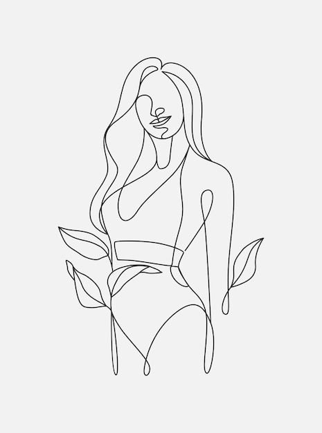 Minimal design of beautiful female body in bikini one line style drawing feminine line art