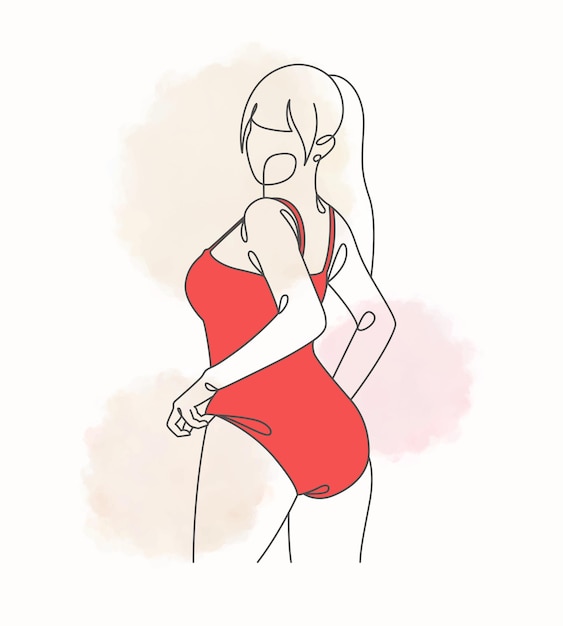 Design minimale della donna che indossa il costume da bagno con stile line art