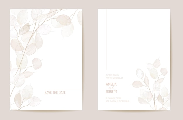 minimal dried honesty flower invitation card. wedding boho save the date set. design template of dry flowers and leaves, blossom illustration. vector trendy cover, pastel graphic poster, brochure