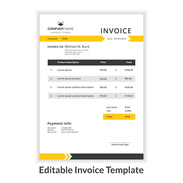 Minimal editable invoice template design