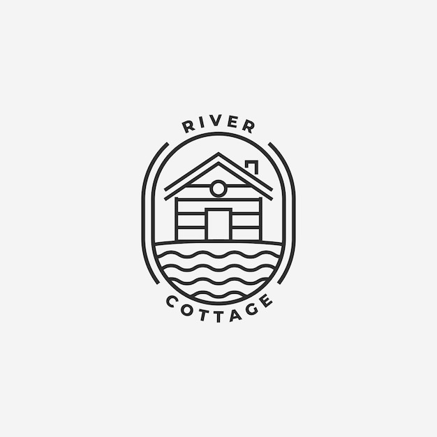 Minimal emblem cottage cabins logo line art lake river bay hut lodge vector illustration design