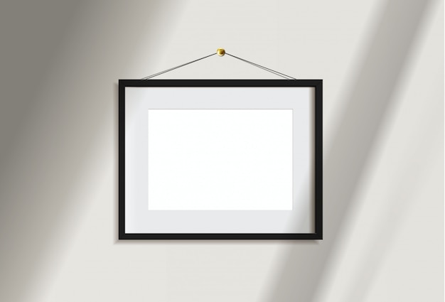 Vector minimal empty landscape black frame picture   hanging on white wall  with window light and shadow. isolate   illustration.