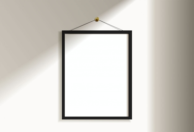 Minimal empty vertical black frame picture   hanging on white wall with window light and shadow. isolate   illustration.