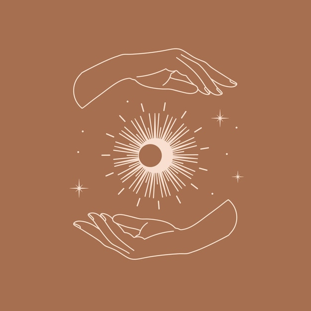 Minimal female hand logo or delicate emblem in linear style Women's hand with sun and stars