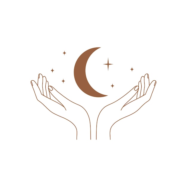 線形スタイルの最小限の女性の手のロゴ月と星の女性の手