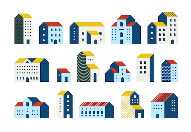 Minimal flat houses. Simple geometric buildings cartoon set, urban city town houses graphic set.