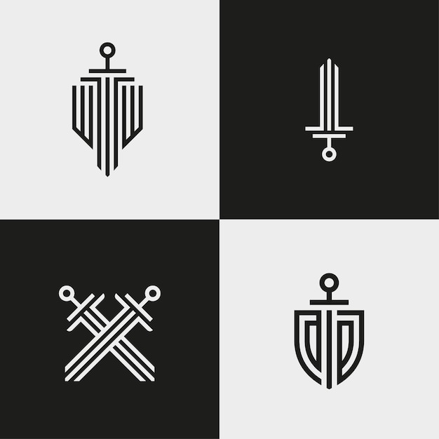 Minimal geometric logotypes. Swords and shields. Vector illustration.