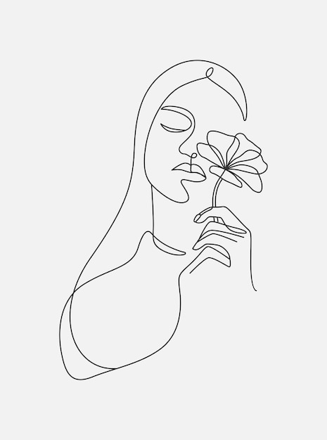 Illustrazione disegnata a mano minima di bella donna e disegno di stile di una linea di fiori