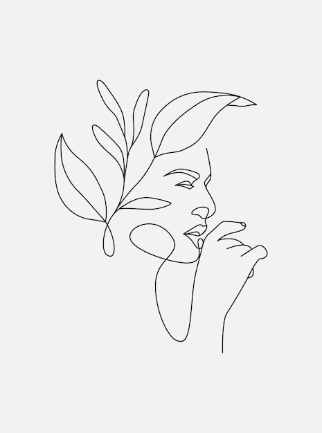 Minimal hand drawn illustration of beautiful woman and leaves one line style drawing