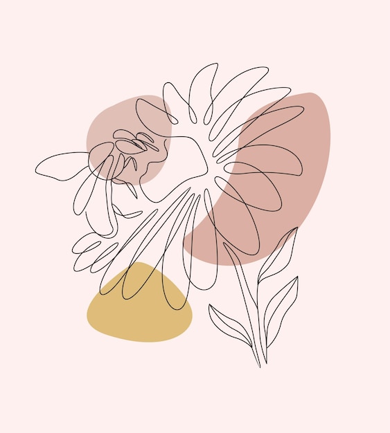 Minimal hand drawn illustration of flowers and bees one line style drawing