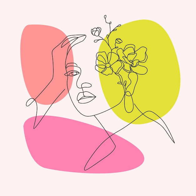 女性と花の最小限の手描きイラスト。ワンラインスタイルの図面。ラインアートスタイル