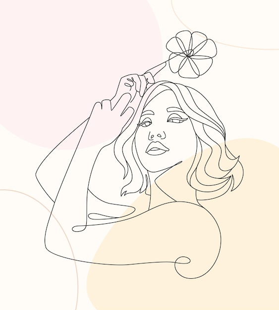 Vector minimal hand drawn illustration of woman and flowers elegant one line style drawing