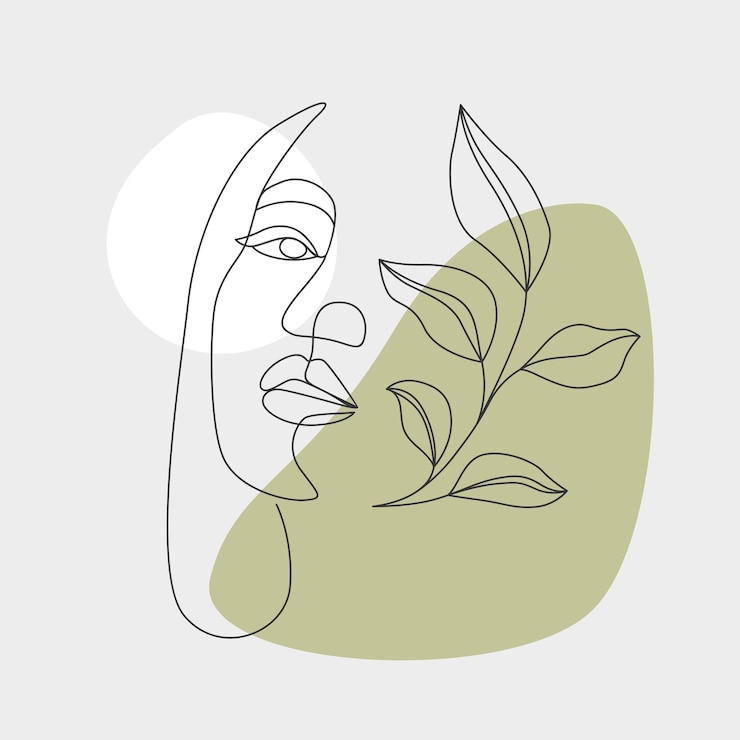 Vector 여자와 잎의 최소한의 손으로 그린 그림. 하나의 선 스타일 그림.