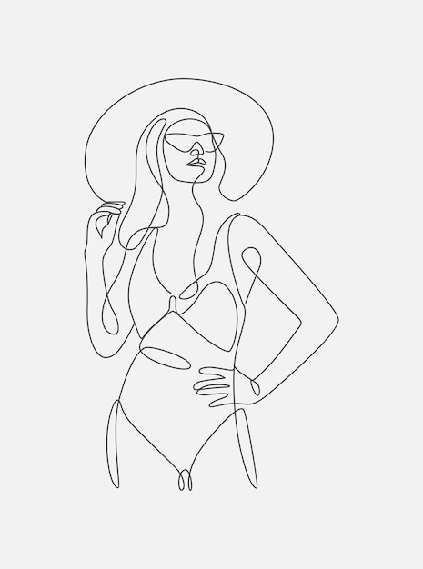 Minimal hand drawn illustration of woman wearing swimsuit and summer hat one line style drawing