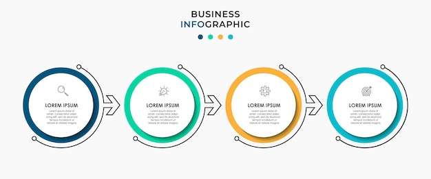 Modello di vettore di business design etichetta cerchio infografica minimo con icone e 4 opzioni o passaggi può essere utilizzato per il diagramma di processo presentazioni flusso di lavoro layout banner diagramma di flusso grafico informazioni