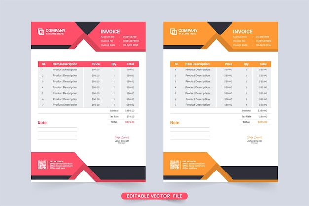 Minimal invoice and price receipt template with abstract shapes Business invoice design vector with red and yellow colors Payment Agreement paper and product purchase receipt