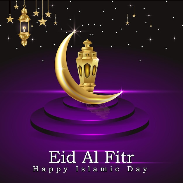 Minimal islamic greeting eid mubarak card design with beautiful blue ornament stage lamp