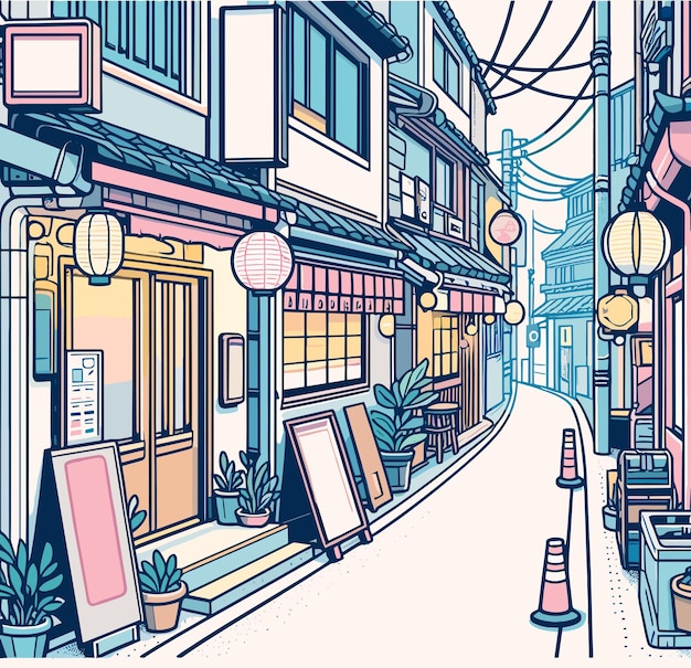 Minimal japanese food alley vector illustration pastel color