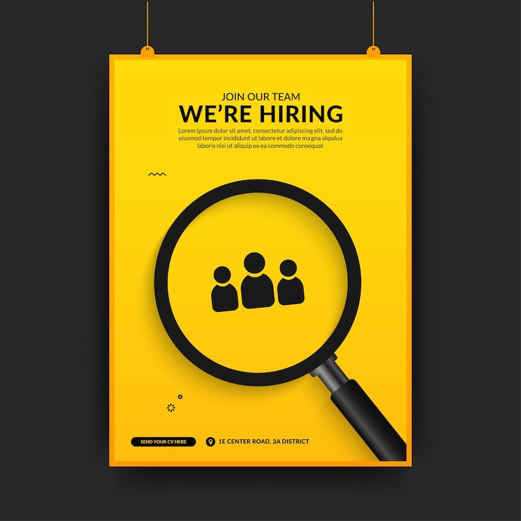 Vector minimal job vacancy social media poster template, we are hring background with magnifying glass