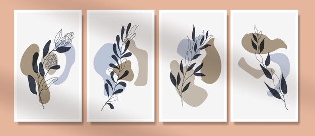 minimal line art flowers and leaves boho poster mid century