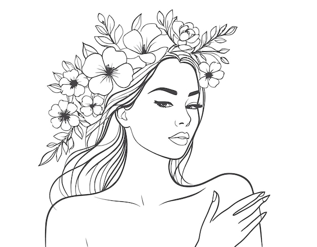 Vector minimal line art illustration of a woman with elegant flowers