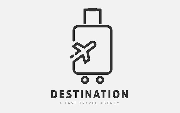 Minimal line art travel logo design with travel bag and airplane