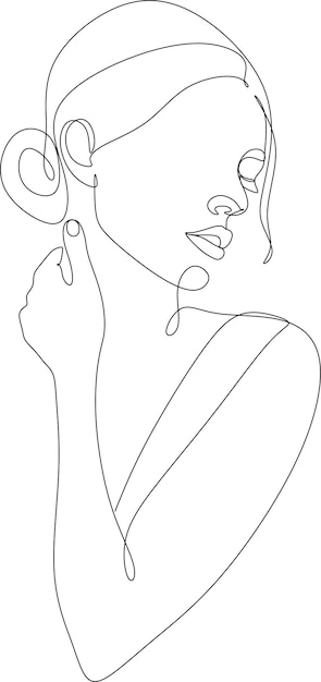 Minimal line art donna con la mano sul viso black lines drawing vector illustration