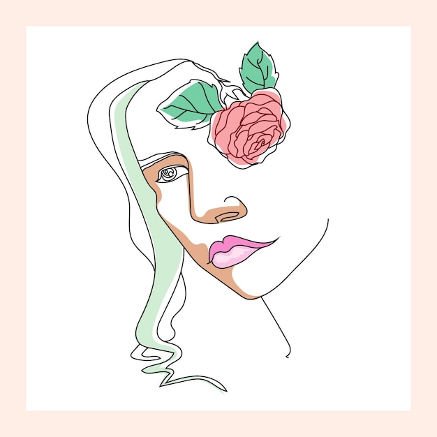 Vector minimal line drawing woman face with flower and abstract feminine sketch modern hand drawn woma