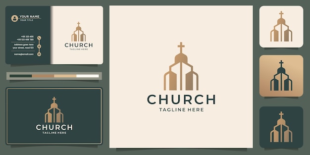 Minimal linear style church christian logo design, golden color and business card inspiration.