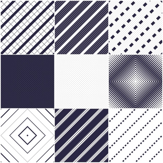 Minimal lines vector seamless patterns set, abstract backgrounds collection. Simple geometric designs. Seamless lines vector minimalistic arts. Crossed lines grid, diagonal lines, dashed lines, dotted