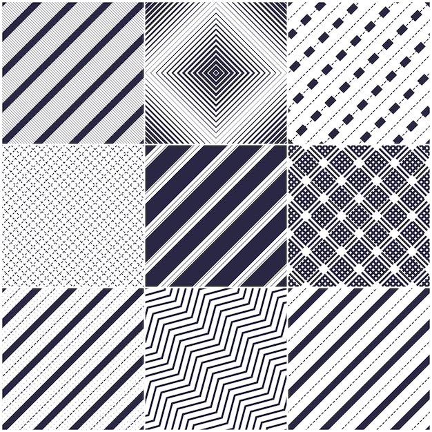 Minimal lines vector seamless patterns set, abstract backgrounds collection. Simple geometric designs. Seamless lines vector minimalistic arts. Crossed lines grid, diagonal lines, dashed lines, dotted