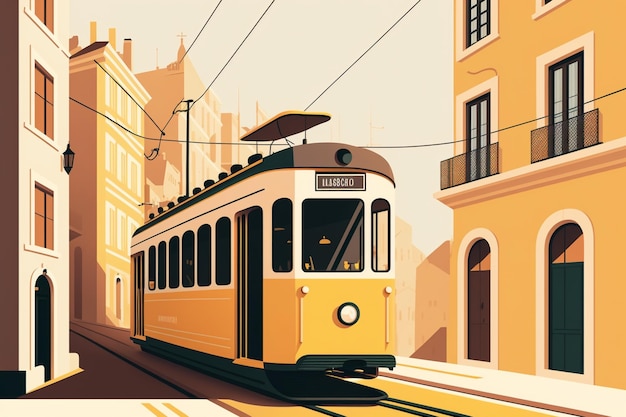 Vettore paesaggio urbano minimo del tram giallo di lisbona