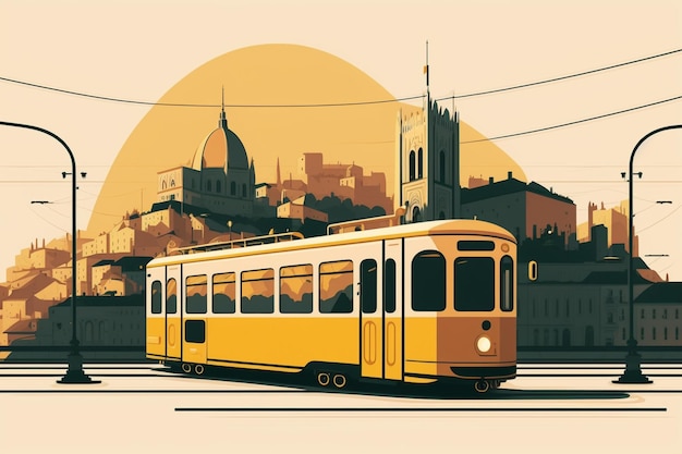 Минимальный городской пейзаж желтого трамвая Лиссабона
