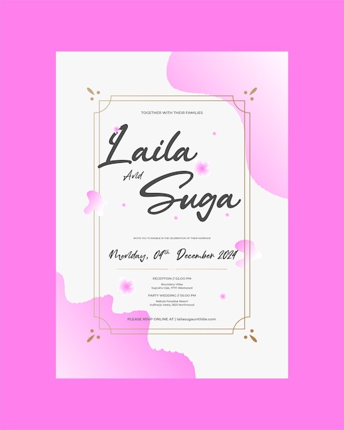 Vector minimal and luxury wedding invitation pink color with water color style
