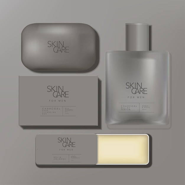 Minimal mens grooming set with charcoal soap bar wash, perfume bottle and solid cologne tin box packaging