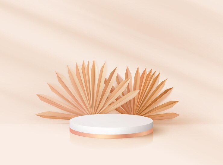 Vector minimal modern 3d realistic round pedestal with tropical leaves. nomination award stand mockup, scene palm render design. vector podium platform for product cosmetic, fashion studio display stage