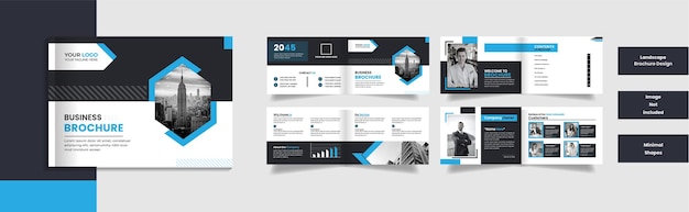 Minimal modern 8 page business landscape brochure design with simple shapes.