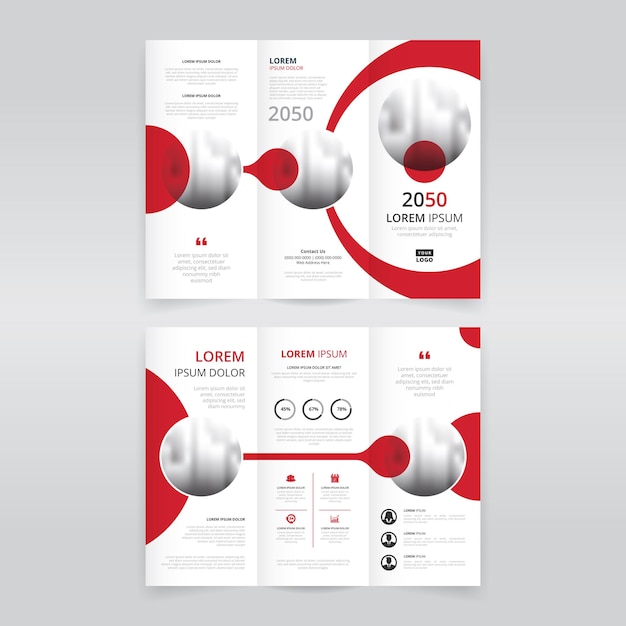 Minimal and modern trifold brochure template with red colored circles and circular forms