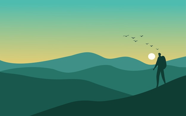 Vector minimal mountain landscape with hiker