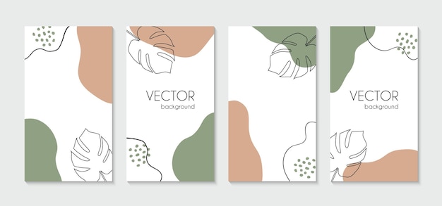 Vector minimal organic instagram stories template vector set of abstract backgrounds with tropical leaves