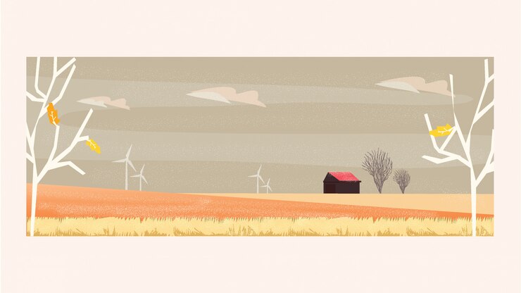 Vector minimal panorama illustration of countryside landscape in autumn with farm