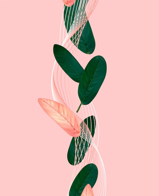 Minimal pink background with green leaves. 3d leaves petals. vector illustration