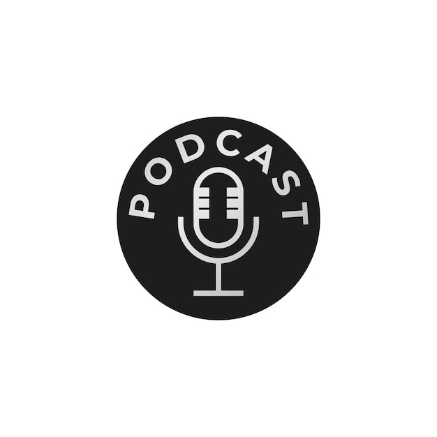 Минимальный шаблон дизайна логотипа подкаста изолирован на белом фоне Ретро Винтаж Классический конденсаторный микрофон иллюстрация с формой черного эллипса Вещание Радиостанция Иллюстрированный логотип