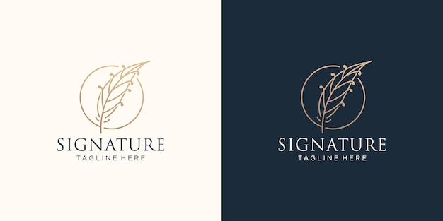 Minimal quill signature logo modello ispirazione piuma di lusso con concetto di cornice circolare