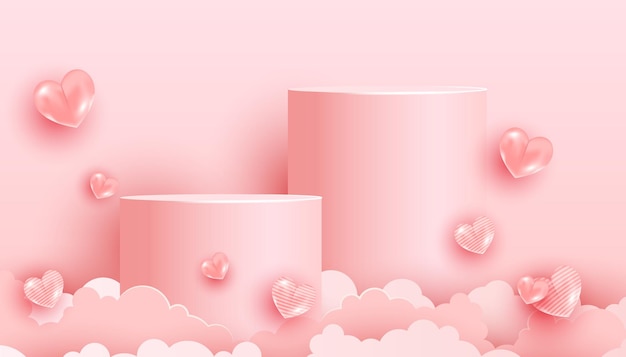 Minimal scene with pink podium and air background. trendy pastel pink love shape balloons and paper cut clouds. valentine day