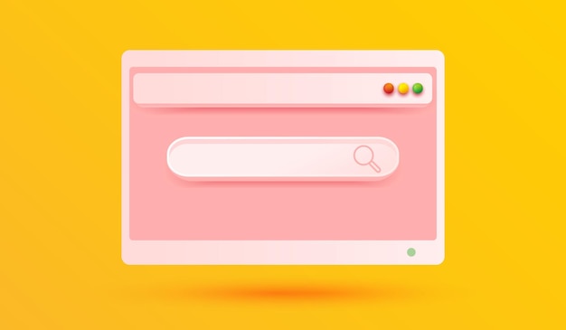 웹 사이트 또는 모바일 응용 프로그램에 대한 분홍색 아이콘 3d 벡터 일러스트레이션 스타일의 검색 또는 찾기 버튼이 있는 웹 사이트 인터페이스 배경의 최소 검색 표시줄 상자