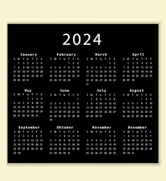 Calendario semplice e minimale per il 2024 con sfondo nero